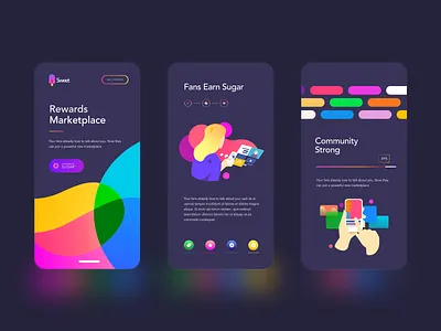 Sweet 🍭Dark mode rebound android app art blobs colour palette dark mode icons illustraion ios iphone onboarding progress bar sweet theme website woman