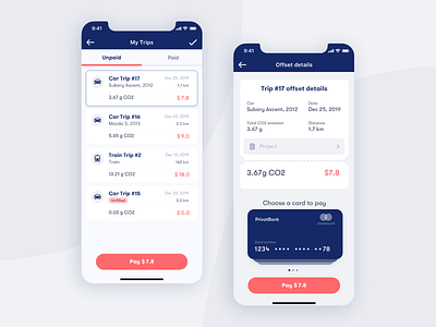 CO2 emissions App app co2 carbon co2 carbon credit card design devices emission illustration interface ios pay payment sketch trips ui ux vector
