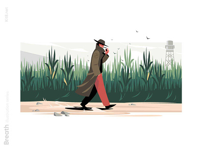 Man walk past corn fields illustration character coat field flat illustration kit8 man strange vector