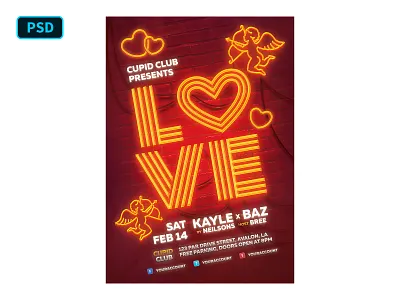 Neon Valentine - Flyer Template PSD creative market cupid flyer template heart love neon party photoshop poster template valentine valentines valentines day