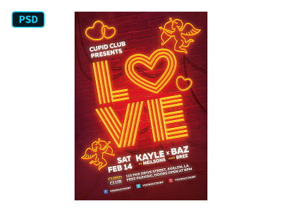 Neon Valentine - Flyer Template PSD creative market cupid flyer template heart love neon party photoshop poster template valentine valentines valentines day