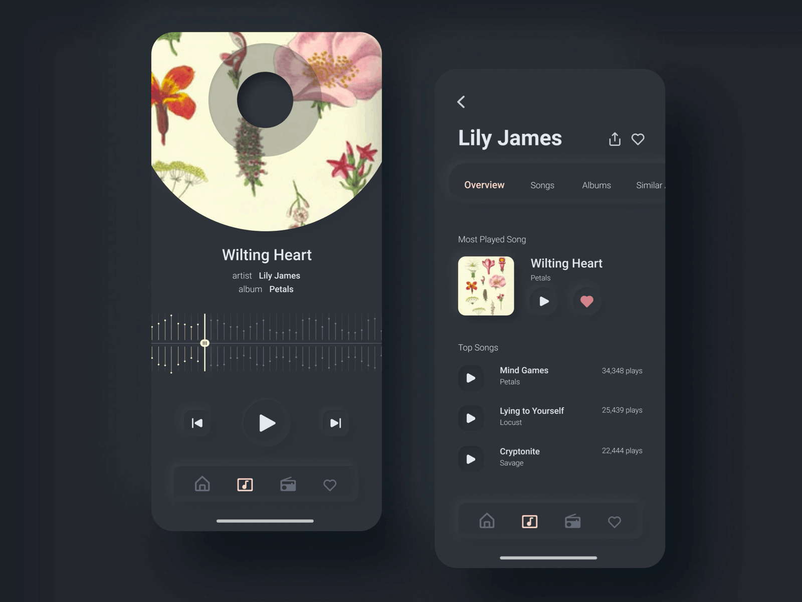 Music Player app app design dailyui dark mode design iphone minimal mobile music player neumorphism product design round shadows ui ux visual design