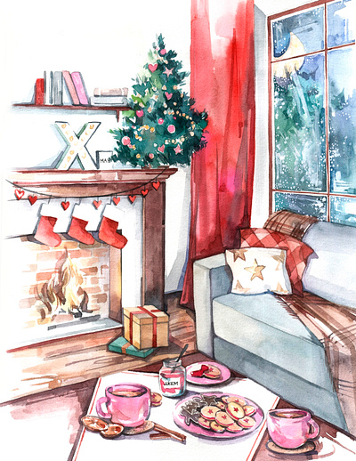 'Tea time' aquarelle childrens illustration christmas cute art food illustration holiday card illustration art sweets watercolor