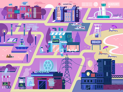 Cyberpunk city building cafe cinema city cyberpunk design illustration map police popcorn school