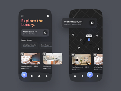 Explore the Luxury app book dark estate explore home hotel house ios list luxury map mobile night pin real rent search ui ux