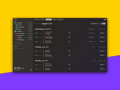 Klokki Session List app dark ui flat list macos reports simple statistics timetracker typogaphy