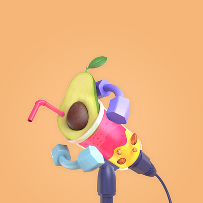 Avocado time. Health 3dillustration avocado branding cinema design health healthy illustration microphone orange sport