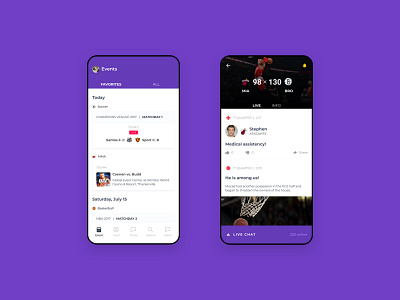 Arena app basketball broadcast design interaction live mma mobile purple soccer sports stream ui ux