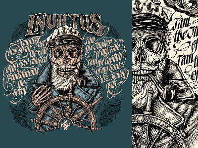 Invictus calligraphy captain design engraving honest illustration ink invictus lettering pirate print runes sea skull t shirt typography waves