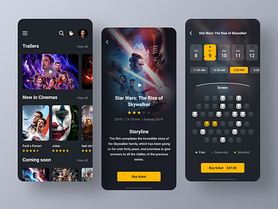 Movie App app booking booking app cards cinema dark dark theme design film interface interface design ios joker mobile app movie ticket trailer ui ux watch