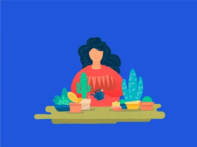 Watering plants cactus care cozy cute florist flowers garder girl home plants vector woman