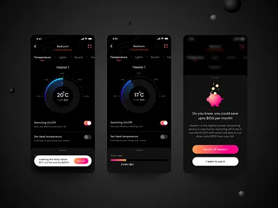 Household Energy Monitor : Prototype 1 (Design Assignment) active app bluetooth buttons dark night energy power consumption fan illustration knob light neel prakhar price sharma sound switch temperature trending ui ui ux design