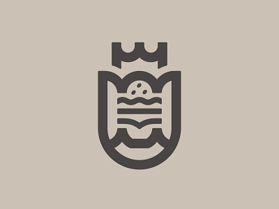 Burger on Shield 📌 Logo for Sale burger castle cavalier crown delicious fast food hamburger hungry king knight logo logo design logodesign logotype meat middle ages restaurant shield