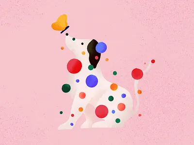 Dog and butterfly colorful dots illustration pattern