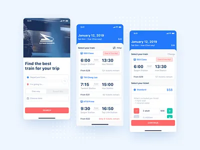 Weekly UI Challenge #1 - Train Tickets Booking App Concept app application blue booking design interface design mobile app railways ticket tickets train ui vietnam weekly challenge