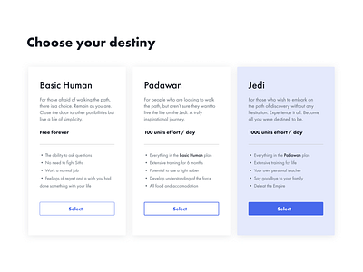 Daily UI #30 | Pricing | Choose your destiny daily ui design figma jedi minimal price prices pricing pricing plan pricing plans pricing table product design selector starwars ui ui design uipractice uiux ux ui visual design