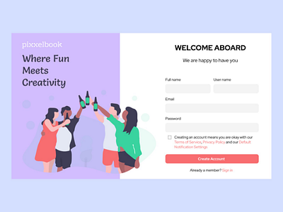 pixxelbook, Sign up page. blog create account sign up