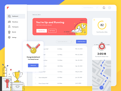 Marathon Dashboard athletic branding dash dashboard light marathon navigation race running simple simple clean interface speed sports time tracking ui ux white widgets