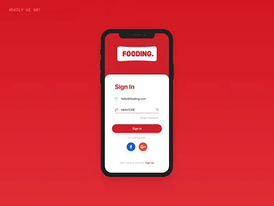 Mobile App - FOODING / Sign In app concept dailyui design food interface ios iphone mobile product design red sign in signup ui ux