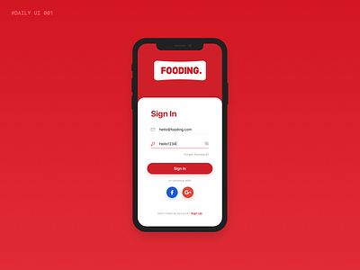 Mobile App - FOODING / Sign In app concept dailyui design food interface ios iphone mobile product design red sign in signup ui ux