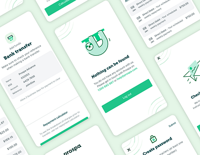 Prospa App - Mobile UI 404 404 page app app design bank app finance fintech green mobile mobile app design mobile ui money not found paper plane prospa screens sloth transfer ui ux