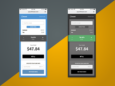 Pay With Toast - Light and Dark Mode checkout clean dark mode dark ui receipt tip ui website design