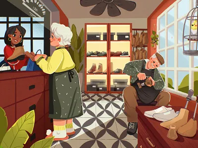Family Business: Shoemakers art business craft craftsmen design design studio digital art digital illustration family family business graphic design illustration illustrator job occupation people shoemaker shoes work workshop