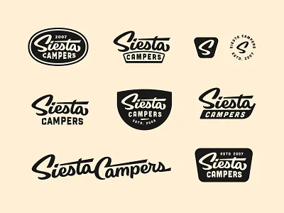 Siesta Campers Badge Designs badge badge design camp camper van campers lettering ligature logo logo design logo designer logo refresh logotype script script badge script wordmark siesta type typography wordmark wordmark badge