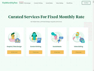 Flat Monthly Fee - Curated Services for For Fixed Monthly Rateπ branding character clean design directory illustration landing page modern services social media ui unlimited ux video webdesign website writing