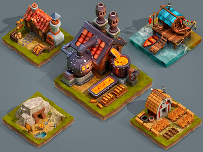 HIGHLORD. Resource Buildings bakery buildings farm fishing game isometric map mine rpg smelter