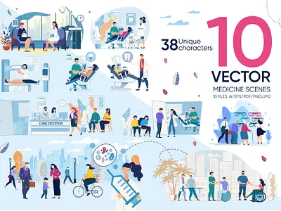 Medicine Vector Scenes aid care character child consultation doctor flat health illustration medic medical medicine office ophthalmologist physician scene set vector visit woman