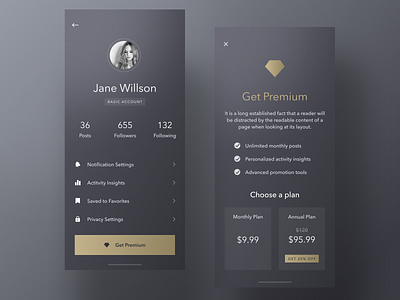 Get Premium app design diamond ios iosapp iphone mobile mobileapp plan premium premium design profile sketch ui upsell ux