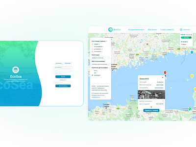 EcoSea, water monitoring system app auth authentication authorization buttons filters map menu ui ux