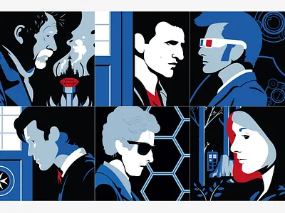 Evolution of The Doctor blue character design doctor who illustration people people illustration profiles sci fi silhouette space tardis time machine tv show vector