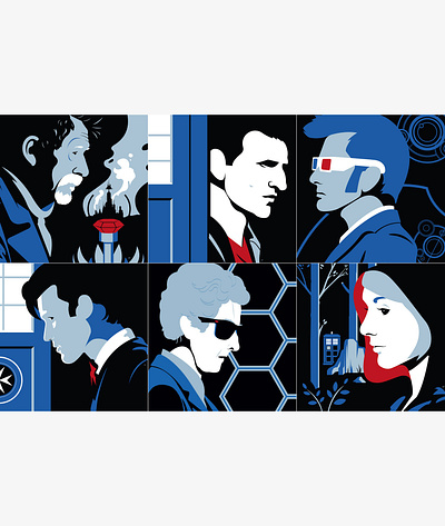 Evolution of The Doctor blue character design doctor who illustration people people illustration profiles sci fi silhouette space tardis time machine tv show vector