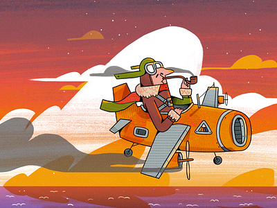 Aviator 2d illustration art aviators character character design clouds crash flying googles illustration landing landscape man ocean pilot interactive plane skyline smoke