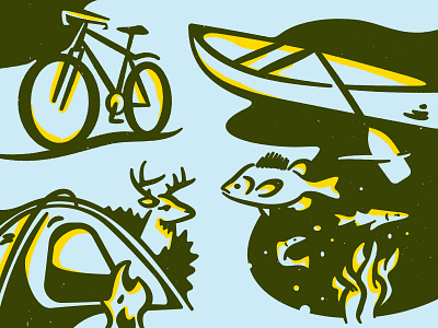 Explore More adventure animals bike camp canoe deer fish illustration nature paddle tent