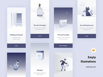 Empty States Illustrations - freebie android animals animation business calendar concept design empty states fintech freebies gradients graphic design illustration ios iphone material design minimal mobile app sketch web design windows phone