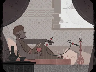 Drinking Coffee arabic character design coffee cup curtains cushion egypt illustration islamic livingroom motiongraphic paper pattern shisha stains texture window