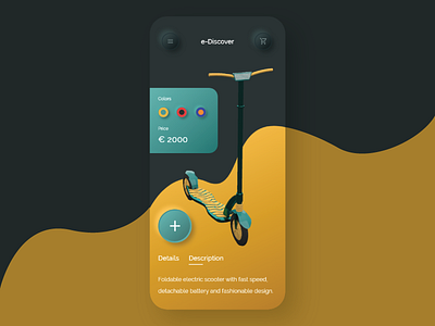 E-Discover Electric Scooter - Shop App 3d adobe xd design designer interface neomorphism new product rhinoceros trending trending ui turquoise typography ui ui ux vector yellow