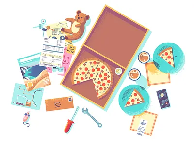 Common Expenses beer bills illustration magazine phone pizza receipt retro supply retro supply co teddybear tools transition