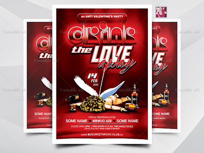 Drink Love Away Flyer anti valentines bad cupid wings bottle on floor broken heart dead cupid drink love away drunk valentine love hate love hurts lying down mal cupido singles only event stupid cupid