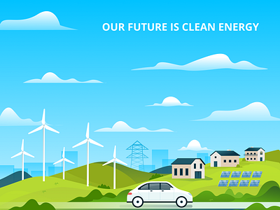 Our Future Is Clean Energy car cleanenergy design drawing electric electrical electriccar energy future illustration modern sketch solar solar panel vector wind windmill