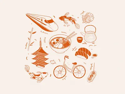 Japan bike debut design flat food graphic icon icons illustration japan ramen simple sketch sushi tea texture travel