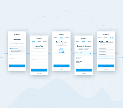 Sign Up - Mobile Onboarding Flow accounts app confirmation design flat flow mobile mobile ui mobile ux onboarding payment sign up signup teams typography ui ux web website welcome