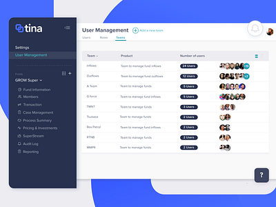 Team Management screen administration app design fin tech finance fintech grow grow super superannuation ui uiux design user management ux