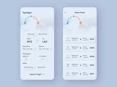 Flight Ticket Booking App aeroplane book booking clean design flat flight location mobile modern plane shadow simple skeuomorph skeuomorphic skeuomorphism ticket ui ux white