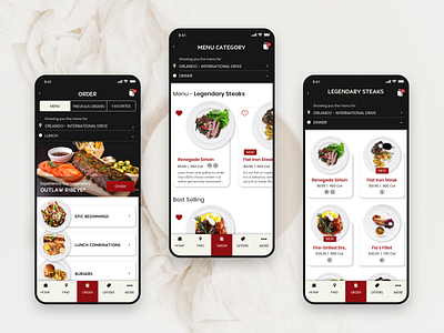 Restaurant App bottom menu card ui flat ui food app food ordering app iphone x menu category menu listing menu redesign menu ui mobile app order to go restaurant app steak menu steak order steak order app uidesign ux design