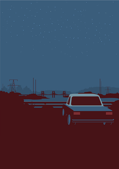 Retro poster with car car design flat illustration landscape night retro sea vector vintage