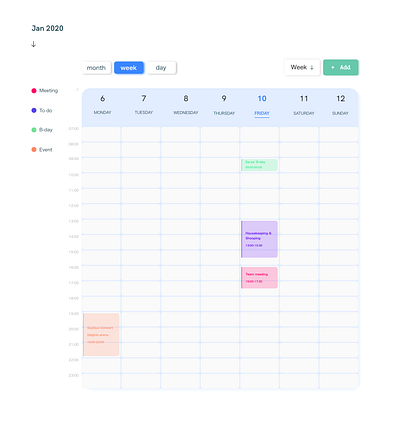 event calendar week overview bright colors calendar event overview simplicity ui ux week